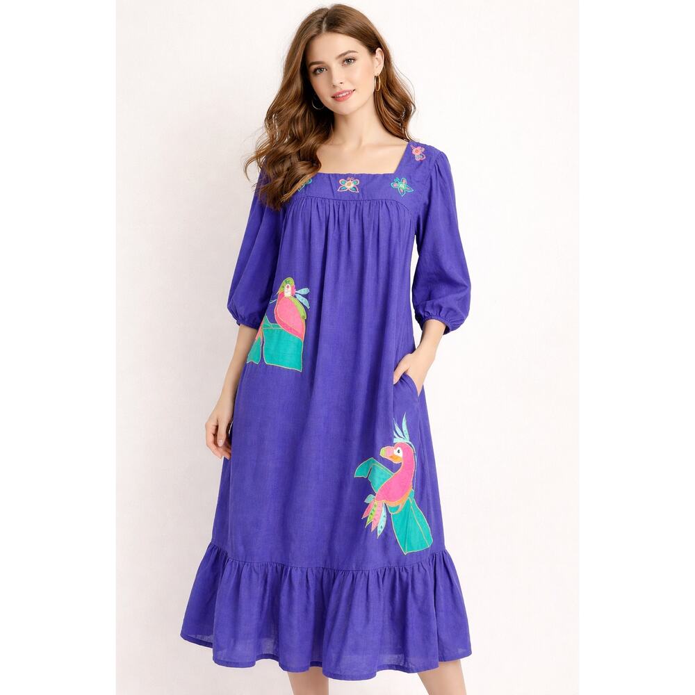 VINTAGE Ramona Rull | 1X | Embroidered Toucan Butterfly Mirror Sequin Mumu Dress